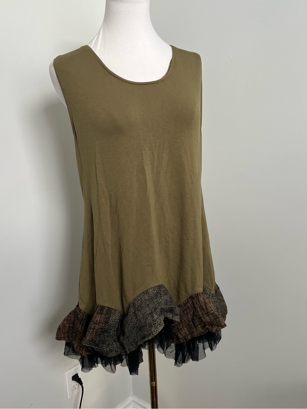 Olive Boho Tunic Dress Patchwork Ruffle Hem Fairycore Flowy 2 - Picture 4 of 7